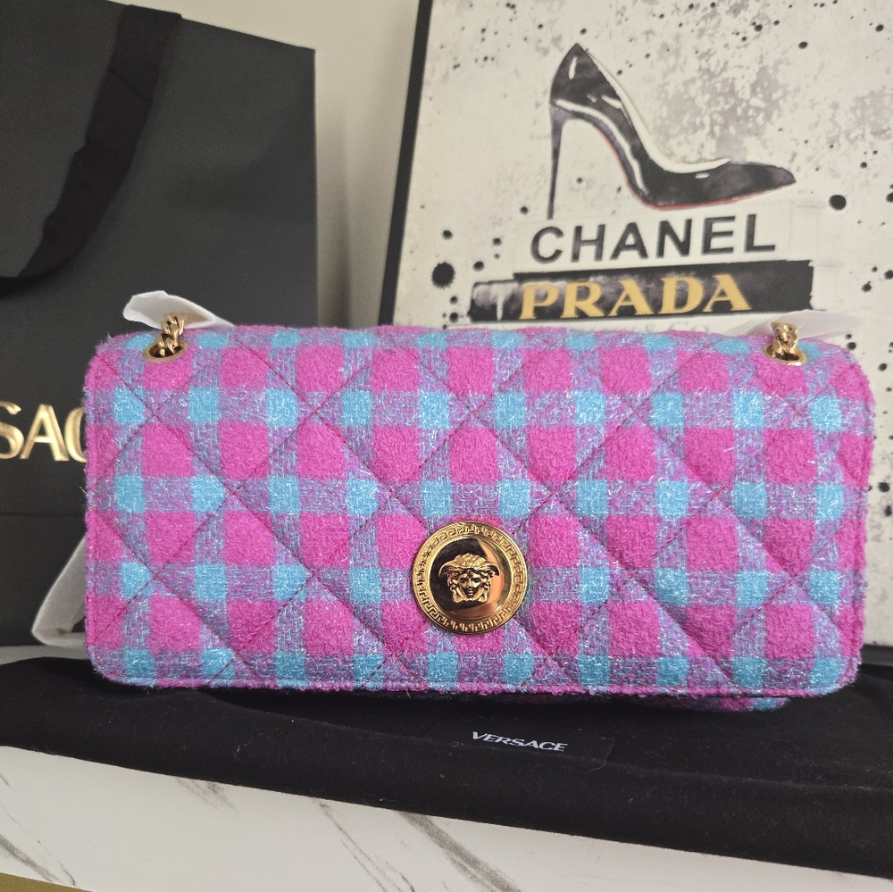 Versace Tweed Pink And Blue Two Way Bag NWT - Picture 4 of 13